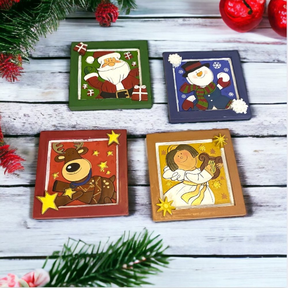 COASTERS -- Set of 4, Wooden Christmas, Raised Detail, Different Characters